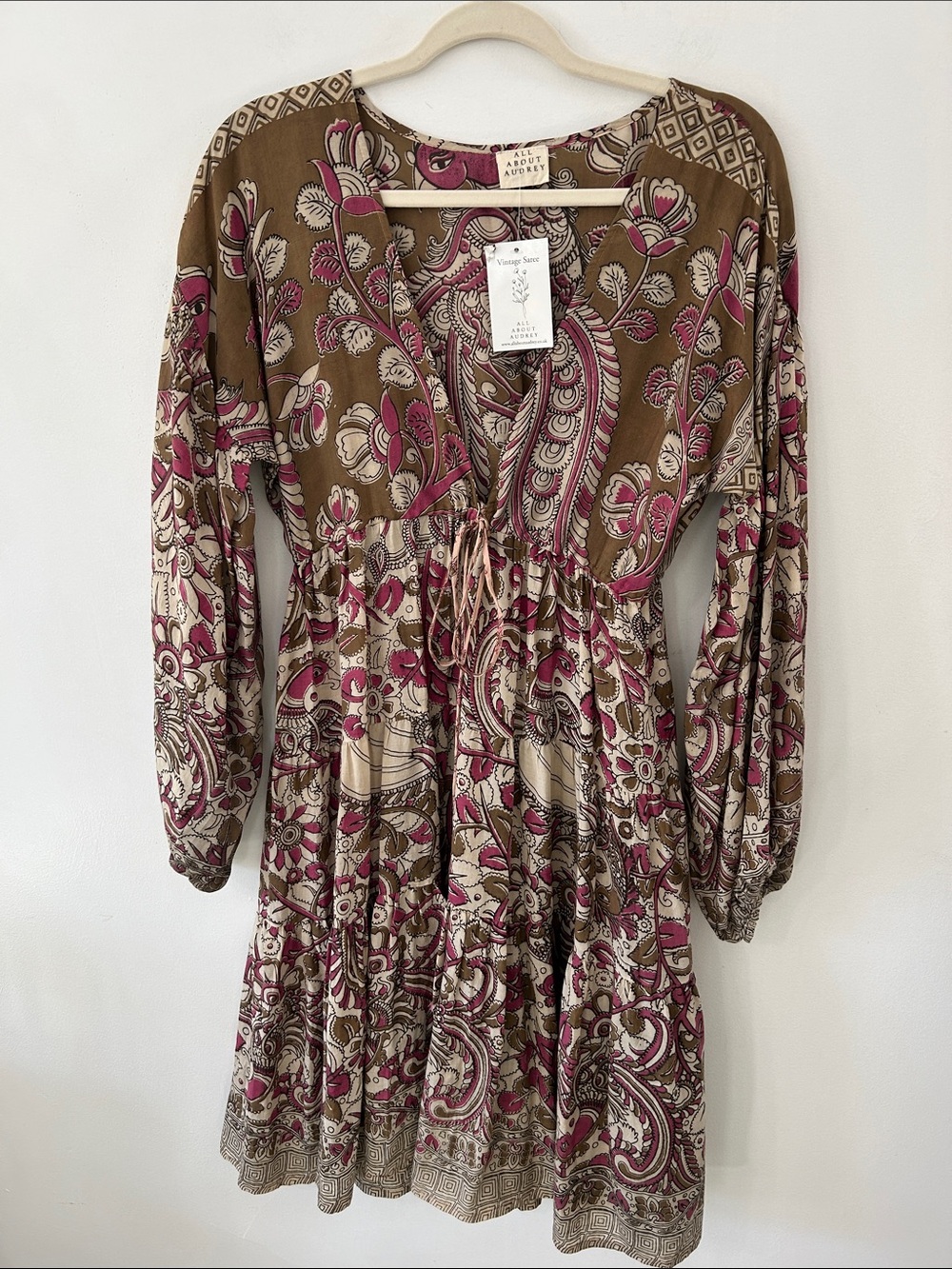 All About Audrey Gypsophilia Mini Dress Boho Tiered Brown/Pink Vintage Inspired